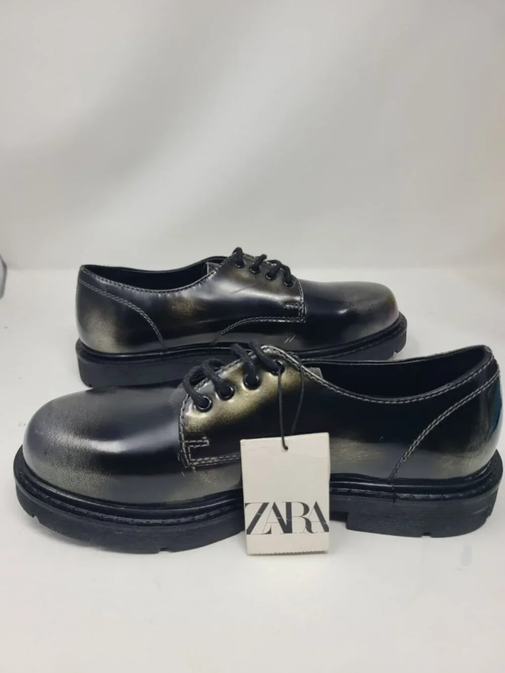 ZARA Black Metallic Leather Lace Up Derby Shoes Men Size US 8 EUR 41 2455/220